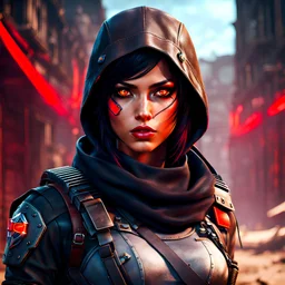 playful Latina assassin with bright red eyes, post-apocalyptic background, unreal engine style