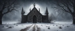 Hyper Realistic Haunted Chapel between a Field & dry old tree at heavy snowfall night with a headless man