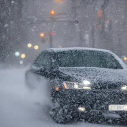 a photo of a car with a human face driving in a snow storm and screaming with pleasure, highly detailed, realistic, bokeh, 9 0 mm, f / 1. 4