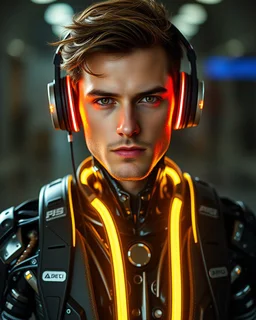 Realistic Photography facing front Handsome man super model brown hair science fiction style humanoid half with full body cyborg mechanicals and cybernetics lights wearing headphones,she on standing cool pose