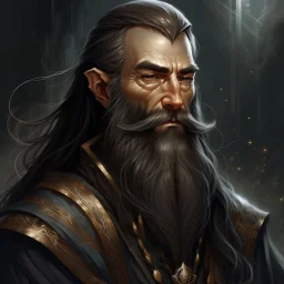 dnd, fantasy, wizard, portrait, face, close up, long beard, black hair, elegant, angular features, exotic features, long, slender