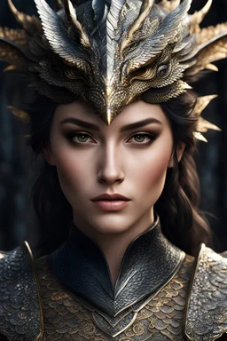 half-dragonkin woman with scaly skin, highly detailed, realistic, photorealism, symmetrical, soft lighting, detailed face, intricate details, HDR, beautifully shot, hyperrealistic, sharp focus, 64 megapixels, perfect composition, high contrast, cinematic, atmospheric, moody