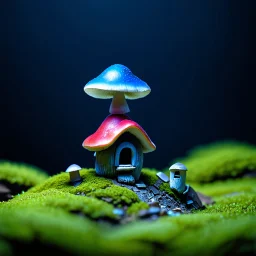 "Close up of a wonderful tiny Mushroom Tower home. blue and red with bright white, deep black and contrasting tones of gray. Illuminated bioluminescent forest. Professional painter, master at composition. small but detailed. broken, blurred background, voluminous lighting"