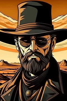 saint gunman with a flat hat, round sunglasses and a black coat and beard in the wild west, grim comic