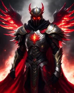 Dark lord in silver and gold armor with glowing red eyes, and a ghostly red flowing cape, crimson trim flows throughout the armor, the helmet is fully covering the face, black and red spikes erupt from the shoulder pads, crimson and gold angel like wings are erupting from the back