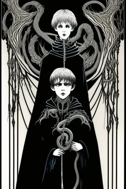 7 year old boy, necromancer, friendly, looks dead,with a lamprey serpent , wearing black robes, in the style of Harry Clarke