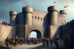 Germanic fortress from the 1500s with people at the gates