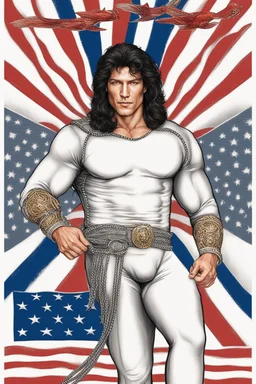 20-year-old, extremely muscular, short, curly, buzz-cut, military-style haircut, pitch black hair, Paul Stanley/Elvis Presley/Keanu Reeves/Pierce Brosnan/Jon Bernthal/Sean Bean/Dolph Lundgren/Patrick Swayze/ hybrid, as the extremely muscular Superhero "SUPERSONIC" in an original patriotic red, white and blue, "Supersonic" suit with an America Flag Cape,