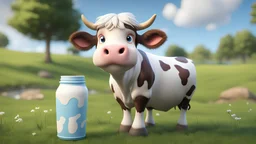 Cute cow 3D cartoon style standing next to a bottle of milk, sitting on the grass, in realistic 3D painting style digital art, 8k, 8k resolution, sharp focus, perfect composition, , Jean-Baptiste Monge style, bright, beautiful , splash, real perfect composition, digital art, stunning real hair, unreal engine Sony A7R IV, greg