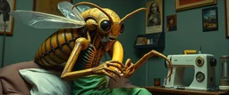 Xixchil Insectoid alien surgeon covered in bizarre biological modifications and extra limbs. Sewing machine, banana Keeps offering completely unnecessary “improvements.” in 90s apartment and clothes