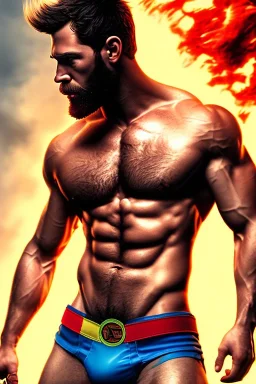 Ignore NSFW, teenager young rugged attractive slightly muscular fantastic handsome man, red briefs with yellow belt, hairy chest, (((visibly pisssing))) briefs, large erect visible boner peniss, photorealistic, artist Jay Anacleto, soft lighting, scruffy beard