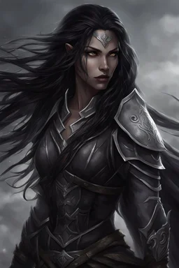 SA female elf with skin the color of storm clouds, deep grey, stands ready for battle. Her long black hair flows behind her like a shadow, while her eyes gleam with a fierce silver light. Despite the grim set of her mouth, there's a undeniable beauty in her fierce countenance. She's been in a fight, evidenced by the ragged state of her leather armor and the red cape that's seen better days, edges frayed and torn. In her hands, she grips two daggers, add dark shadow mystic purple flames