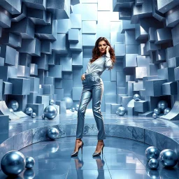make a picture pretty stage made of metallic blue-gray teme 3d fractal recursive cubic and sphere base structures and a beautiful fashion model lady posing with cute,with chic look well-fitted trousers with a sleek tight blouse,siver high heels ,makeup curvy long hair,dynamic camera zoom to full body and pan, dynamic lights.