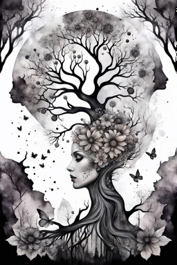 double exposure dry tree with fantasy flowers and profil one fairy face, black and gray and silver watercolor with weet ink, deep dark , surreal, dramatic atmosphere. intricate, stunning textures , mystery. stunning illustration