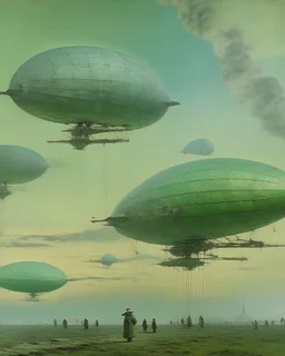 A mint colored sky with airships painted by Claude Monet