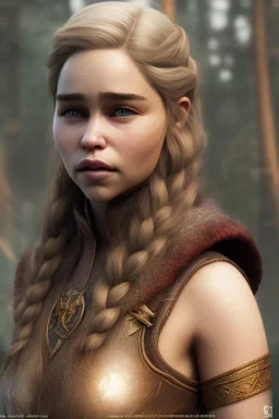 emilia clarke, viking clothes, realistic, abandoned vilage unreal engine, cinematic lighting, octane render, particles fire, particles fog, particles smoke,