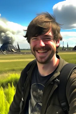 Smiling Mr Beast at the field of battle after nuke strike