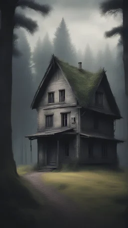 There is an old house against the background of the forest, gloomy style