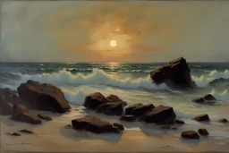 night, rocks, sea, waves, seashore, sand, ernest welvaert and friedrich eckenfelder impressionism paintings