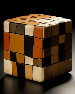 A brown cube-shaped rock painted by Piet Mondrian