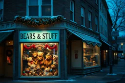 Photographic, vintage color picture. Neighborhood corner Storefronts, Shop display window in the old town neighborhood. Festive Christmas showcase. Teddy Bear shop with sign reading "BEARS & STUFF", Quaint, light snow, lights, twilight, Teddy bears of various sizes in window, Nostalgic. HD.