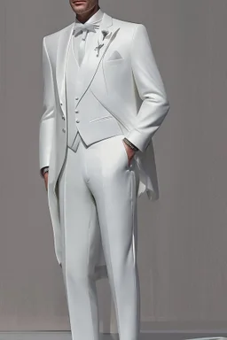 White and grey men's wedding suit with white gold tiePhotorealistic