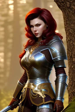 milf, dark red hair, knight armor, full body, forest, 8k resolution, high-quality, fine-detail, intricate, fantasy art, detailed matte, volumetric lighting, illustration, 3D