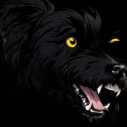 an angry scruffy black terrier on black background, yellow eyes, illustration