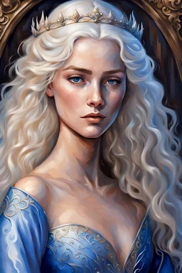 Oil painting, Maegelle Targaryen, 16, epitomizes Targaryen allure with her shimmering golden locks, striking sapphire eyes, and a soft, heart-shaped face. Her slender frame, adorned with delicate features, accentuates her royal elegance, while her graceful movements reflect youthful innocence and curiosity. She wears flowing gowns in pale blues and teals, adding to her timeless charm.