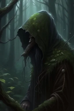A hooded creature in the forest Mental disorders, dark material, surrealist, elementals, intricate background, masterpiece, octane rendered, artstation