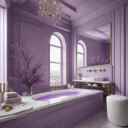 hotel bathroom, modern classic style, lavender colors, 3d