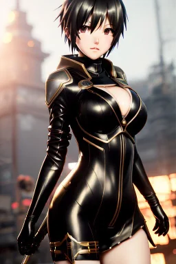 Detailed anime girl mikasa ,big boobs , black latex battle suit, intricate details, full body portrait, keep head in frame, ignore NSFW, slight smile, black Japanese motif, concept art, highly detailed, digital painting, concept art, sharp focus, illustration, art by Yoji Shinkawa, WLOP and greg rutkowski and alphonse mucha and artgerm and yanjun Chen and Junji ito and Makoto Shinkai, HDR, octane render