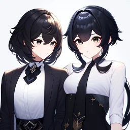 Clear focus, High resolution, short black hair, white and black hair, 2 hair colors, black eyes, wearing a black jacket and a white shirt, wearing a black skirt, 1girl, Genshin impact, long locks, long eyelashes, black tie