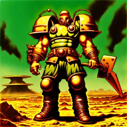 90's TCG art retro fantasy art of nuclear warrior with huge pauldrons in wasteland