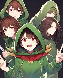 A character with short brown hair, red eyes who wears a green blouse open with its hood, holds a bright red knife, Smile insanely and very angry, dark background Very dark and HQ Manga.