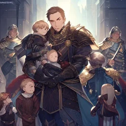 Boy wearing leather armor protecting family