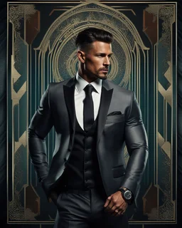 portrait of a 35 year old Handsome muscular male leader with lightly tanned skin and tattoos. Dark hair cut short and a goatee beard. wearing an armani suit. photorealistic