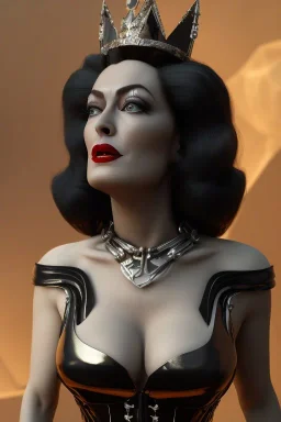 Joan Crawford as evil queen in black leather, busty, cleavage, dominatrix, curvy, angry, stern look. unreal 5, octane render, cinema4d, dynamic lighting, dramatic lighting, 4k, redshift render, highly detailed, hyper realistic,anthropomorphic black wolf long