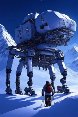 a mechanical walker with eight legs scaling a very steep snow covered side of mout everest at night, it has a smooth surface, it has storage pods on its belly human can fit in the pods