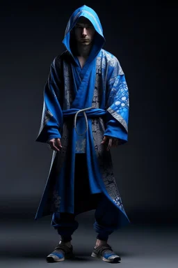 young human rogue in blue accented kimono clothing hood down full body