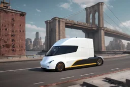 A Tesla 'Semi' (semi truck) is going at a high speed, near the 'Pier 11' in Manhattan. (CINEMATIC, WIDE ANGLE LENS, PHOTO REAL)
