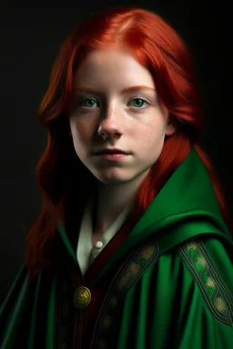 A girl with red hair and green eyes and she is wearing a Hogwarts robe