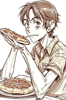 Cartoon sketch of Eren Yeager eating pizza and drinking soda.