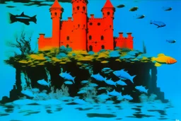 An underwater castle with fish painted by Andy Warhol