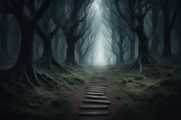 лес темный, с тропинками ведущая вперед