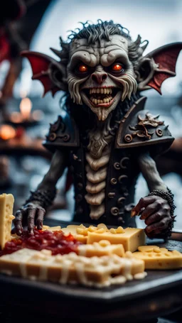 full body portrait of a vampire werewolf gremlin with mustage eating cheese doodles and the blood of fish on a viking ship, in the style of Giger,bokeh like f/0.8, tilt-shift lens 8k, high detail, smooth render, down-light, unreal engine, prize winning