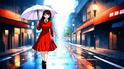 colorful flat illustration classical animes, A young Caucasian woman with long brown hair wearing a red dress and holding a white umbrella, walking alone on a rainy city street with blurred buildings and lampposts in the background, draw art style influenced by japanese artists, niji, black outlines