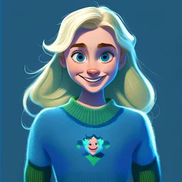 a Disney face girl with a full body image and flooded arms, with blonde hair, big green eyes, a blue Pullover, dark blue background,, smile on her face, symmetric face