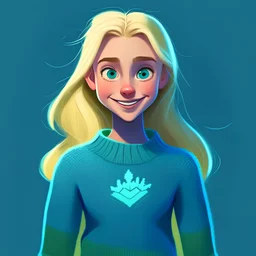 a Disney face girl with a full body image and flooded arms, with blonde hair, big green eyes, a blue Pullover, dark blue background,, smile on her face, symmetric face
