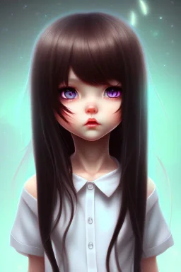 Loli, hands behind back, wholesome, innocent, long black hair, tilted head, brown